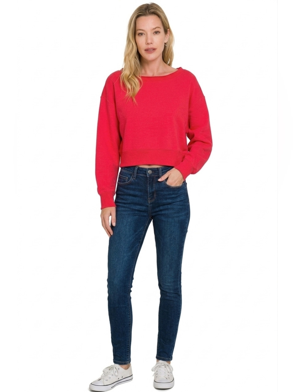 Zenana Fleece Boat-neck Sweatshirt- Ruby Red - Picture 2 of 5